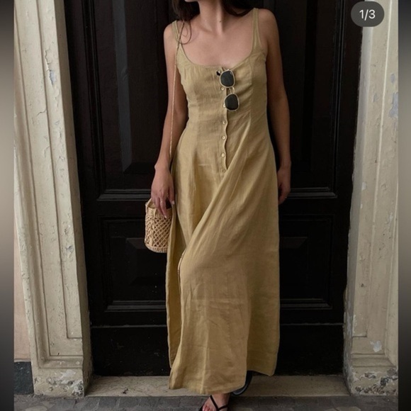 Doen Lantana Ramie Square Neck Button A Line Midi Maxi Dress Oaken Tan Beige